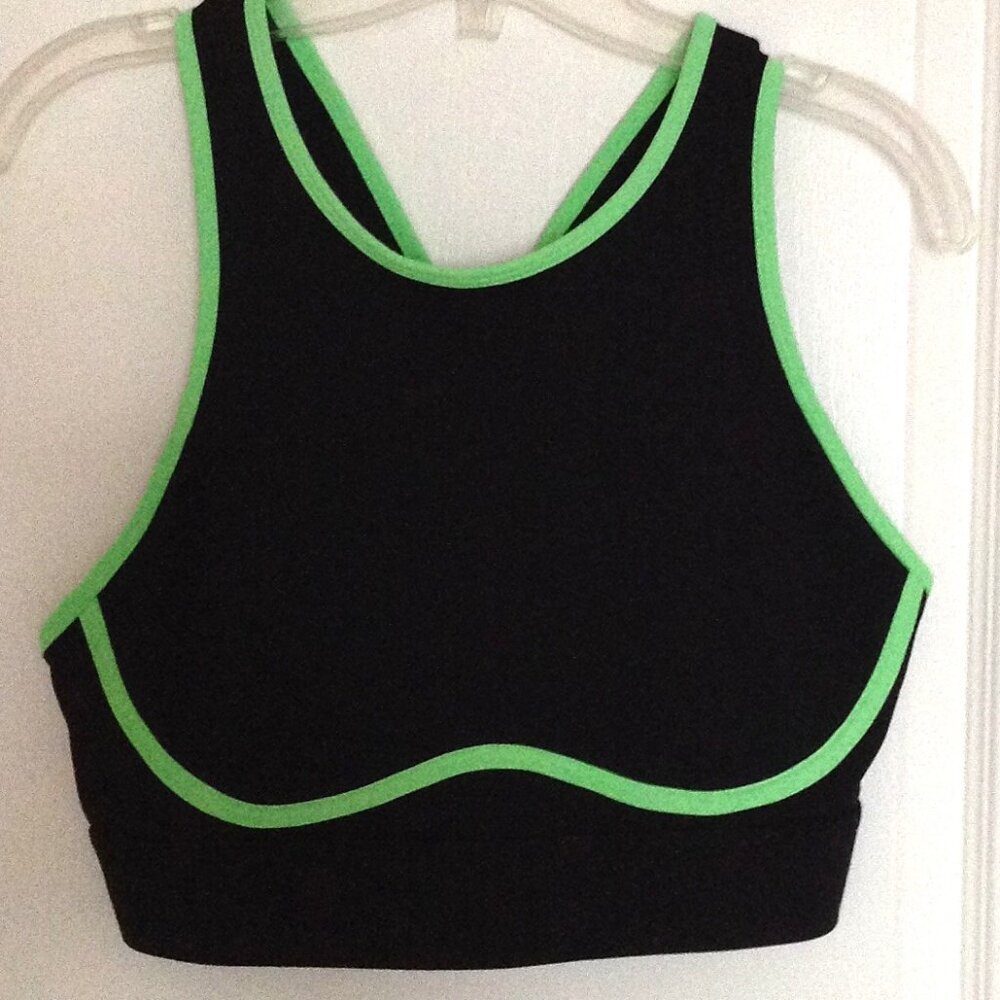 Fabletics Blare Women's Cross Back High Impact Sports Bra Black Green Activewear